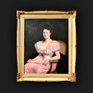 Dipinto olio su tela raffigurante figura femminile seduta con ventaglio.Francia.Firmato
