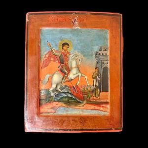 Icona su tavola raffigurante San Giorgio e il drago.