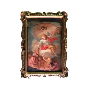 Dipinto olio su tela raffigurante Angelo che indica alle anime del Purgatorio 