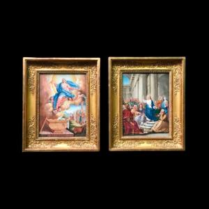 Coppia di dipinti a tempera raffiguranti Assunzione della Vergine e Gesu’che predica ai dottori