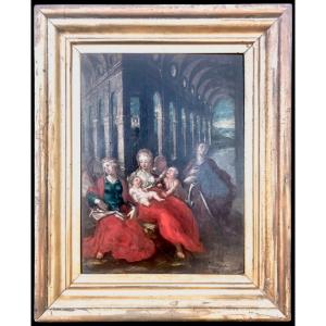 Dipinto olio su tavola Madonna con Bambino e personaggi con architetture.