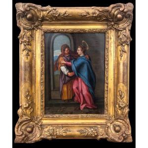 Dipinto olio su rame raffigurante la Vergine Maria che visita Santa Elisabetta 