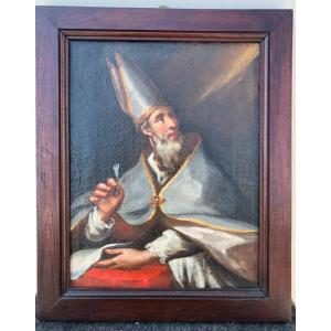 Dipinto olio su tela raffigurante vescovo con mitria e penna.