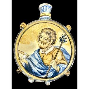 Fiasca da pellegrino in maiolica con Sant’Antonio da Padova e Madonna. Castelli