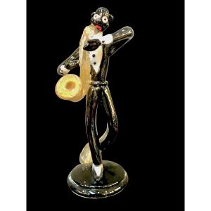Figura di musicista jazz in vetro nero pesante .Seguso,Murano.
