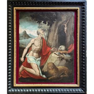 Dipinto olio su tela raffigurante San Girolamo penitente.