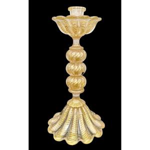 Candeliere in vetro pesante ‘cordonato oro’ con base e coppa baccellata .Barovier & Toso.