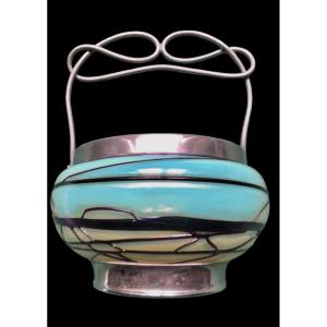 Vaso porta bombon  in vetro iridescente color acquamarina .Palme König.Boemia.