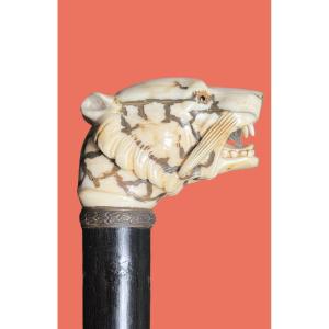 Walking Stick With Ivory Knob Depicting A Tiger's Head. 