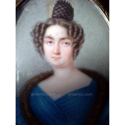 Miniature Portrait Femme A La Robe Bleue XIXÈme