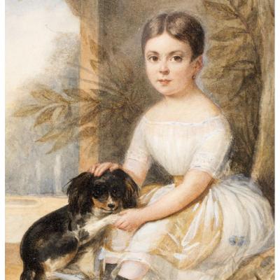 Portrait Of Girl And Her Dog. Signed J. Vernet 1838