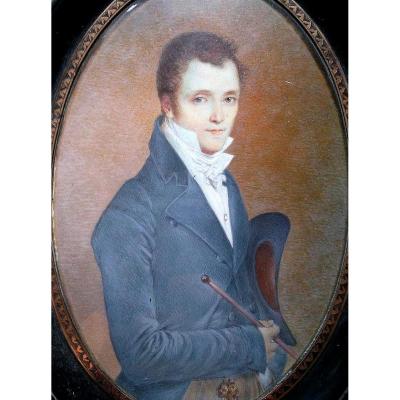Miniature French School XIXth. Portrait Of Young Elegant With Cane