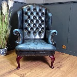 Blue Chesterfield Armchair With Rounded Backrest