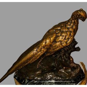 Pheasant And Belet In Bronze Signed Moigniez
