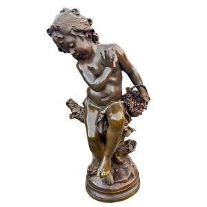 20th Century Bronze Signed Aug Moreau Girl With Cricket