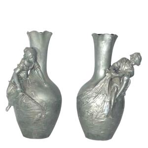 Pair Of Vases In Silver Regulates By Louis-auguste Moreau