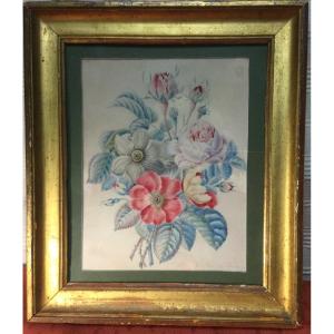 Gouache On Vellum, Bouquet Of Roses And Narcissus, 19th Century.