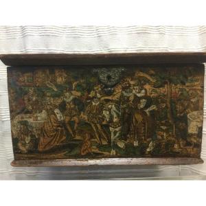 Pine Casket Decorated With Polychrome Engravings, 16th Century.