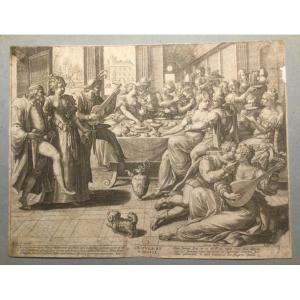 Banquet Scene After Marteen De Vos, Engraved By Johannes Sandler, 16th Century
