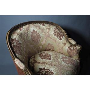 19th Century Gondola-shaped Bergère Armchair, Restored, In The Louis XV–louis XVI Style, Damask Velvet Fabric