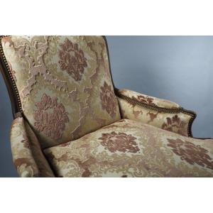 Bergère Armchair, Restored, France, 18th Century, Louis XV Period, Damask Velvet 