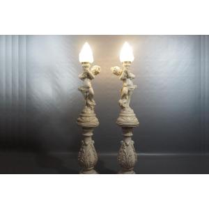 Pair Of Large Sculptural Lampposts With Putti