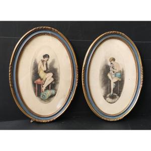 Pair Aquatint Engraving Under Glass Sign J. Dorval Woman Art Deco Oval Frame
