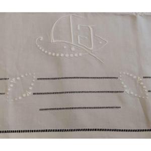 White Linen Sheet 312x238 Monogram Cj Point Venise With Handmade Embroidery Back