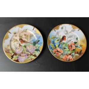 Pair Of Limoges Porcelain Decorative Plate Signed Ribes Decor Bird Enhanced Gold Gilding