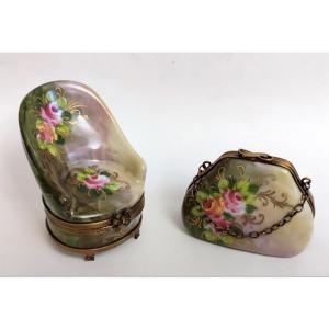 2 Bergere Shape Pill Box + Porcelain Bag Limoges Decorator G.r.  Ribierre