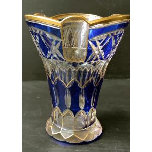 Double Size Crystal Vase Overlay Colbalt Blue And Gold St Louis Baccarat
