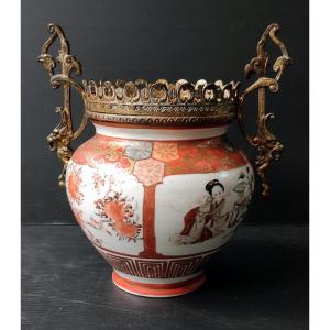 Small Bronze Mounted Planter Decor Woman And Flower Asian Ceramic Imari 19th Century