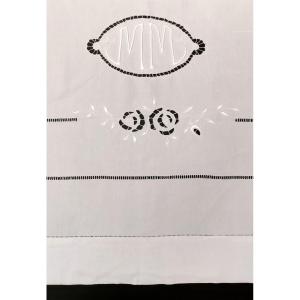 White Linen Sheet 312x235 Cm Monogram Mm Openwork Flower With Hand Embroidery Back