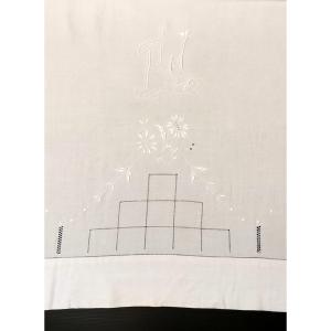 White Linen Sheet 328x230 Cm Monogram Pj Flowers And Day With Handmade Embroidery Back