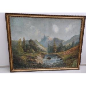 Large Oil Painting On Canvas Torrent In A Mountain Landscape 19th Century