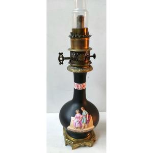 Oil Lamp Faience Gallant Scene Empire Maison Gagneau 19th Century