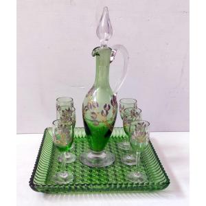 Liqueur Set Carafe 6 Glass Tray Crystal Enamel Mistletoe Art Nouveau Decor