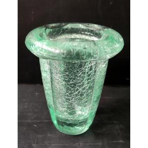 Daum Nancy Green Crackle Thick Crystal Vase Art Deco Period