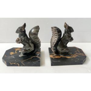 Squirrel Animal Bookends In Alloy Sign Coffin Marble Base Art Deco