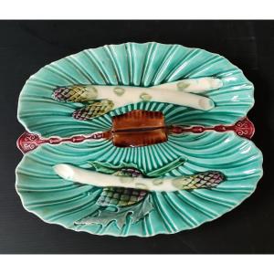 2-compartment Dish With Asparagus, Artichoke, Barbotine, Majolica Kg Luneville, 19th Century