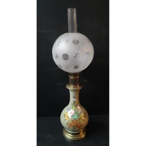 Earthenware Oil Lamp Floral Decor Globe Cut Crystal Baccarat Napoleon III