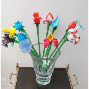 2 Flowers Of Your Choice With Stem Blown Glass Murano 1980