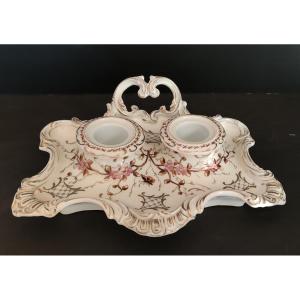 Spode English Porcelain Double Inkwell With Flower And Butterfly Decor, 19th Century
