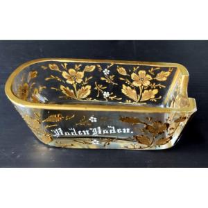 Baden Baden Art Nouveau Crystal Cigar Rest With Floral Decor And Gold Enamel