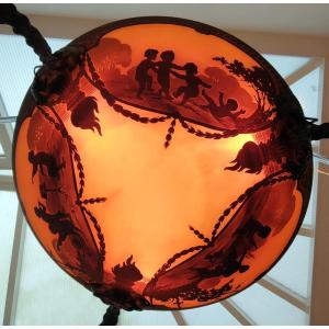 Muller Fres Luneville Art Nouveau Chandelier Engraved Glass Pate Scenes Of Putti Musician 1900 