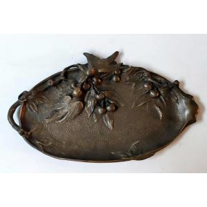 Art Nouveau Bronze Valet Tray With Bird And Cherry Decoration