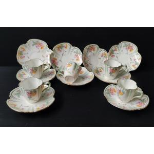 5 Coffee Cups + 9 Saucers With Floral Decoration, Signed Kg Lunéville, 19th Century, Art Nouveau