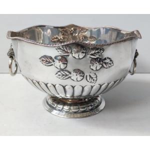 Silver-plated Bowl With Handle, Made In England, Decorated With Fruit And A Lion's Head.