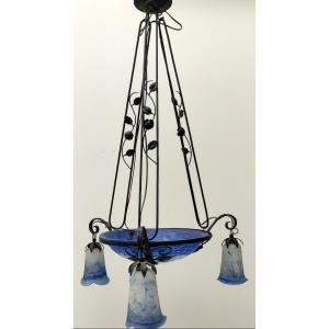Art Nouveau Bowl Chandelier + 3 Blue And White Pate De Verre Tulip Shades, Wrought Iron
