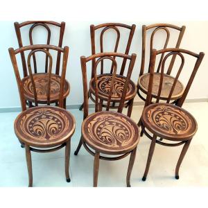 6 Bistro Chairs, Bent Beech Wood, W. Baumann & Cie, Round Seat, Art Deco Deco Decor